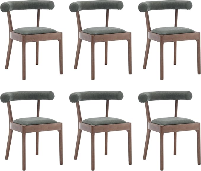 Kmax Dining Room Chairs Mid-Century Modern PU Kitchen Chairs with Natural Walnut Finished Frame, PU Curved Back, Set of 6, Green