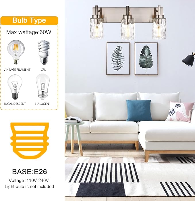 BONLICHT Brushed Nickel Vanity Light Modern 3 Light Bathroom Lighting Fixture Over Mirror with Clear Hammered Glass Shade, Industrial Indoor Farmhouse Wall Mounted Lamp for Powder Room Kitchen Hallway