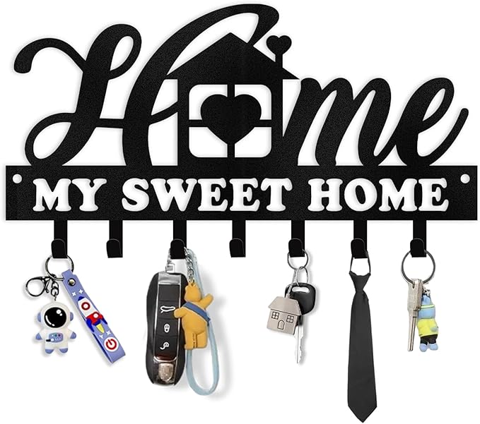 Personalized Sweet Home Key Holder - Black Metal Key Hanger Wall Decorative, Organizer with Hooks, Housewarming Gifts