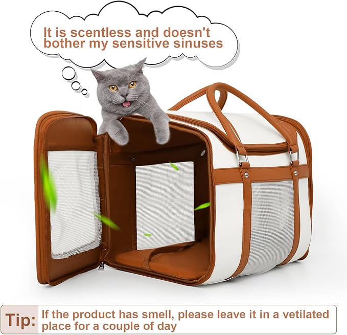 Pet cat and Dog cage Suitable for Medium and Small-Sized Cats, Soft Side cat cage, Sturdy Outer Frame Design, Adjustable Shoulder Strap, Ivory White, Fashionable pet Supplies
