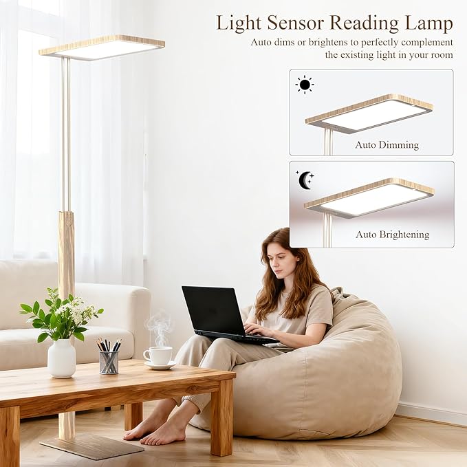 STERREN Full Spectrum Floor Lamp, 9800LM Modern Vintage Industrial Free-Standing Lamp, Eye-Care Remote Control Reading Lamps for Study Room, Office, Living Room, 2700-5000K,Oak Brown