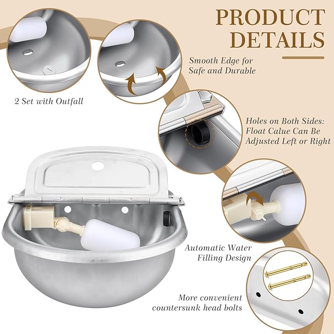 Bokon 4 Set Automatic Animal Drinking Water Trough Bowl Automatic Livestock Drinking Dispenser Stainless Steel Waterer for Horses Dogs Goat Pig with Float Pipe Connector Countersunk Bolt