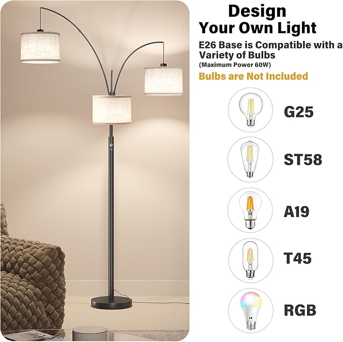 SUNMORY 3 Lights Floor Lamp for Living Room, 78" Tall Standing Lamp with Hanging Drum Shade, Modern Arc Floor Lamps with Heavy Base, Mid Century Arched Tree Floor Lamp for Bedroom, Office, Corner
