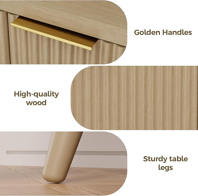 4-Door Fluted Sideboard Buffet Cabinet, 47" Large Storage Cabinet with Shleves, Wood Modern Accent Credenza Kitchen Table for Dining Room, Living Room & Entryway, Oak