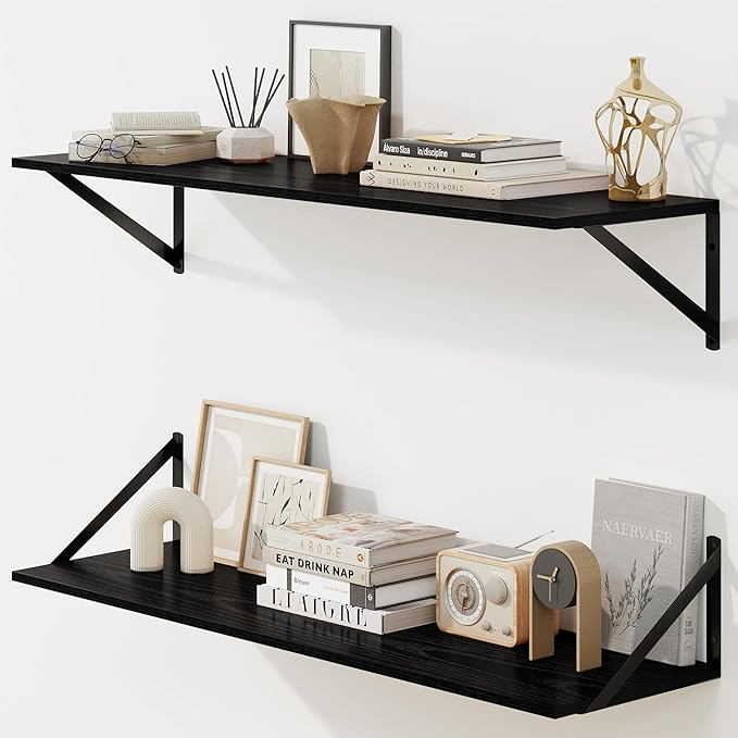 Fun Memories Deep Floating Shelves for Wall, 36W x 8D Wall Mounted Shelves Set of 2, Wide Display Ledge Shelf with Sturdy Metal Brackets for Living Room, Bathroom, Bedroom and Kitchen, Black