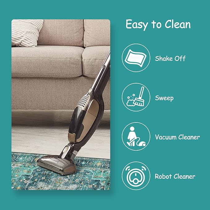 Moynesa Ultra-Thin Vintage Area Rug - 8x10 Teal Bedroom Rug for Living Room Non-Shedding Stain Resistant Playroom Mat, Indoor Printed Boho Floor Carpet for Dining Table Office Decor