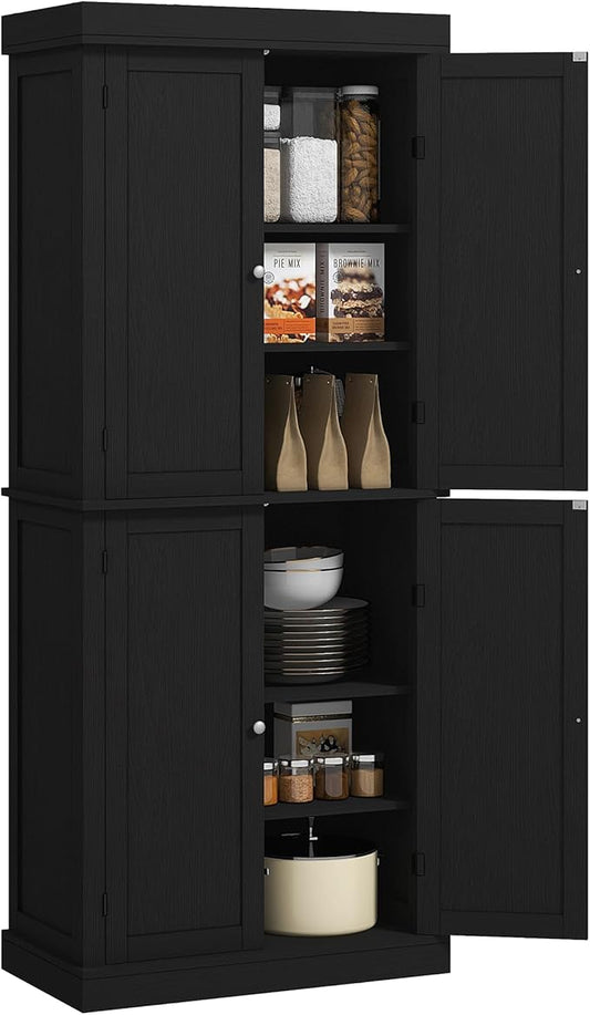 HOMCOM 72.5" Freestanding Kitchen Pantry Cabinet, Tall Storage Cabinet with 4 Doors and 2 Adjustable Shelves for Dining Room, Black Wood Grain