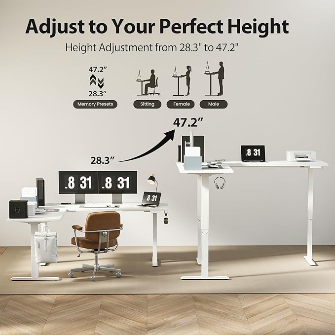 Agilestic Triple Motors 73" x 60" L Shaped Standing Desk, Electric Standing Desk Adjustable Height, Extra Large Desktop Corner Table for Home Office, Gaming Workstation, Splice Board, White