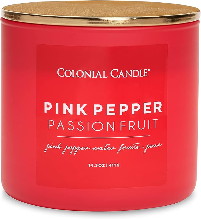 Colonial Candle Pink Pepper Passionfruit Scented Jar Candle, Pop of Color Collection, 3 Wick, Red, 14.5 oz - Up to 60 Hours Burn