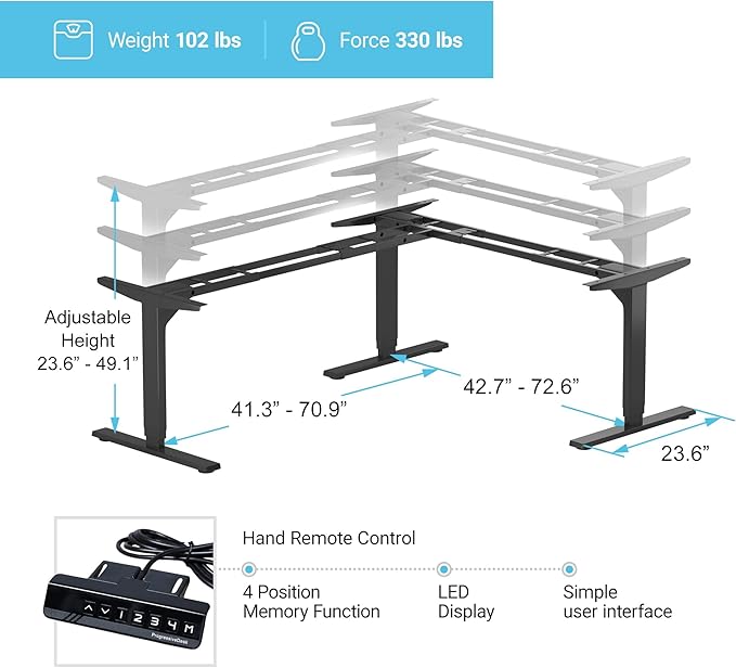 Progressive Automations Standing Desk Corner Frame. Adjustable Height and Width Legs with Triple Electric Motors for Home Office L Shaped Desk FLT-05 Black