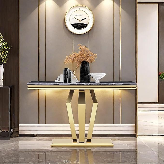 Gold Console Table, Black and Gold Sofa Table, 50 inch Entrance Table with Polished Geometric Base for for Entryway, Living Room, Hallway