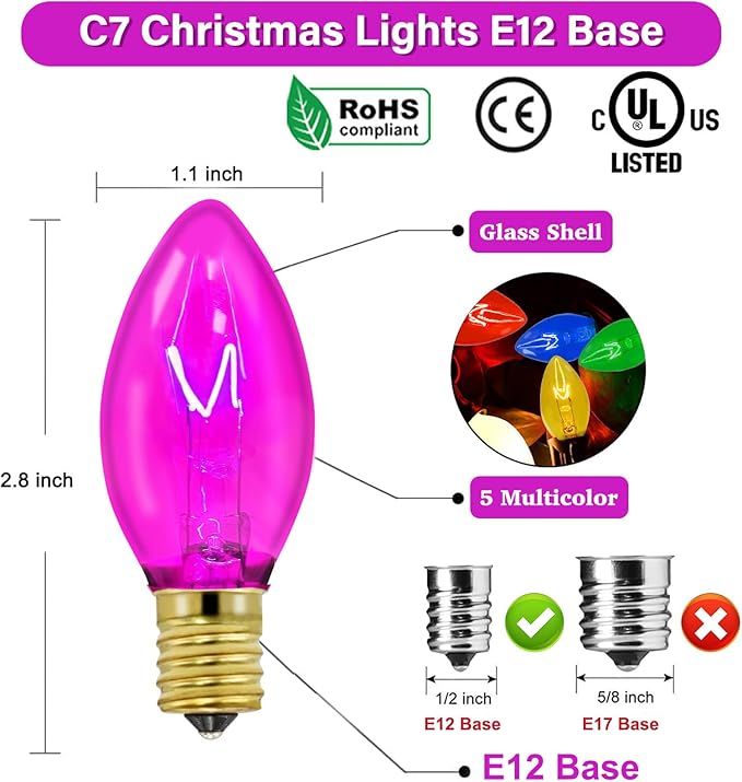 Couah C7 String Lights-25Ft Clear Vintage Multicolor Lights with 27 Colorful Incandescent Bulbs (2 Spare), Outdoor String Lights for Christmas Party Backyard Wedding- Green Wire, ULP(7)-LR(25)(5W)