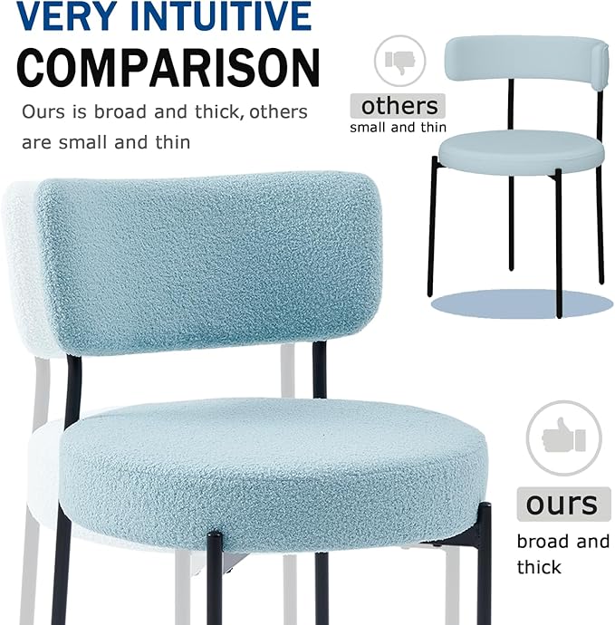 Blue Boucle Dining Chairs Set of 2, Upholstered Dinner Chair with Metal Frame, Dining Room Chairs with Padded Seat, Round Modern Seating for Living Room