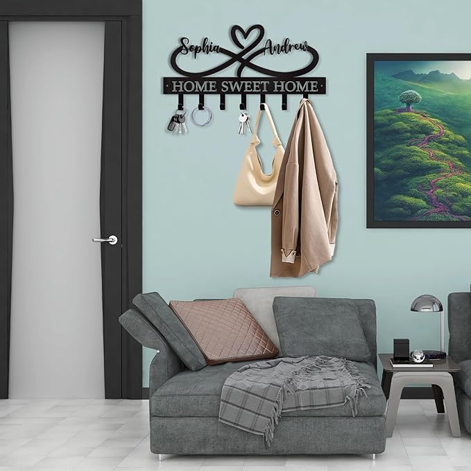 Personalized Custom Couple's Name Metal Key Holder - Love Shape Key Hooks for Wall, Housewarming Wedding Gifts, Bedroom Entryway