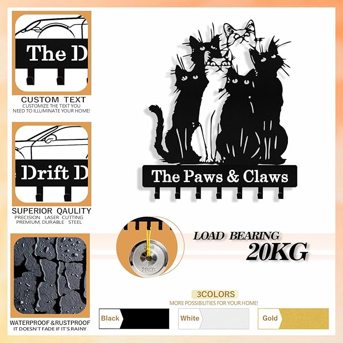 Personalized Cat Key Holder Wall Mount, Custom Metal Key Holder for Wall with Name, Custom Keys Rack Hanger with Hooks for Entryway, Front Door, Hallway, Living Room, Kitchen