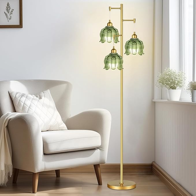 Vintage Floor Lamps for Living Room Bedroom-3 Light Gold Floor Lamp with Glass Lampshape, Flower Green Tall Lamp Mid Century Modern Standing Lamp Tree Floor Lamp for Bedroom Living Room Corner