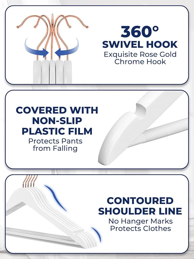 Smartor White Wooden Hangers 20 Pack, Solid Wood Coat Hanger for Closet, Heavy Duty Wood Hangers for Suits, Shirts, Dresses, with 360° Rose Gold Hook, Non Slip Pant Bar