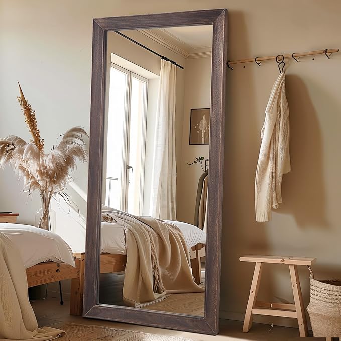 MELOMOIR 71"x32" Rustic Farmhouse Full Length Mirror with Wood Frame, Free Standing Leaning or Hanging, Suitable for Bedroom Living Room Home Gym Cloakroom, Charcoal-Grilled Brown