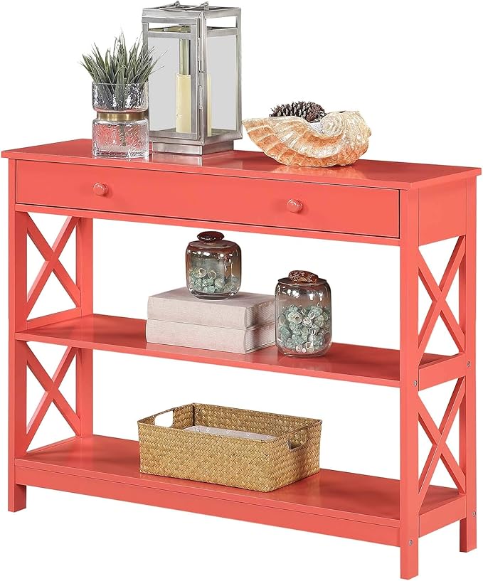 Convenience Concepts Oxford 1 Drawer Console Table with Shelves, Coral