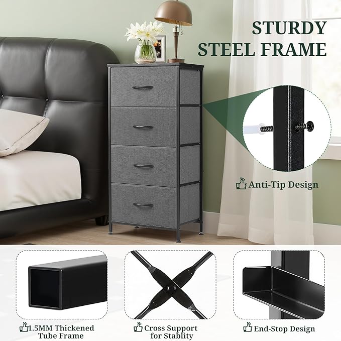 Nightstand, 4 Drawer Dresser End Table Bedside Furniture with Wooden Top Steel Frame Fabric Bins for Bedroom, Closet, Entryway, Dorm, Living Room, Gray