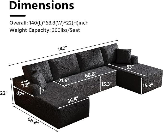 140" Modular U-Shaped Sectional Sofa, 7-Seater Cloud Couch with Double Chaise, Modern Sleeper Sofa,No Assembly Sectional Cloud Boneless Sofa Couches for Living Room/Apartment
