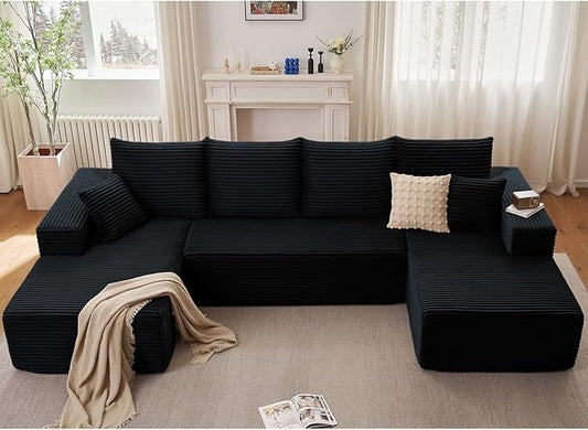 Sectional Cloud Couch for Living Room, Stupendous U Shaped Sofas, Modular Floor Deep-Seat Sofa, Big Comfy Corduroy Couches Set with Fluffy Memory Foam, No Assembly Required, Black