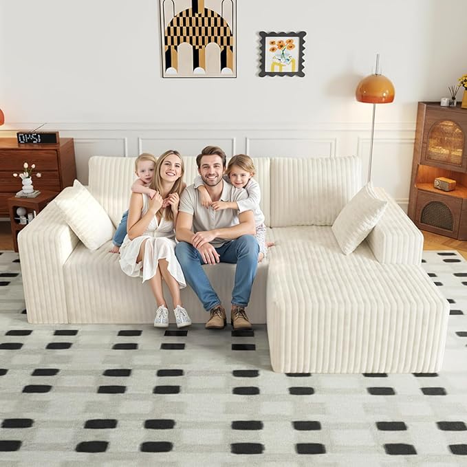 94" Cloud Sectional Couch with L-Shape Chaise,4 Seat Modern Modular Sofa with Side Pockets,Upholstered Couches for Living Room Bedroom, Boneless Couch,No Assembly Required