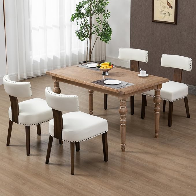 Upholstered Wooden Farmhouse Dining Chairs Set of 4, Mid-Century Modern Fabric Dining Room Chairs with Wood Legs, Curved Backrest Kitchen Armless Accent Chairs for Living Room, Beige