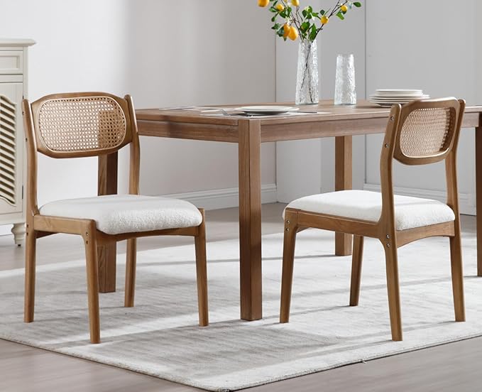 EALSON Farmhouse Rattan Dining Chairs Set of 6 Modern Mid Century Wood Dining Room Chairs with Cane Back Upholstered Sherpa Boucle Kitchen Side Chairs for Living Dining Room,Cream