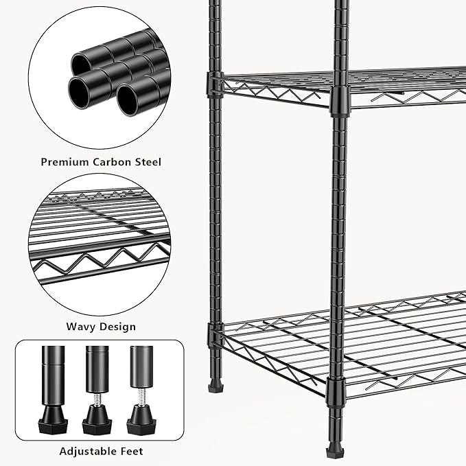 1000 lbs 4Tier Shelf Metal Storage Shelves Wire Rack Closet Organizers with Wheel for Garage Kitchen Bathroom Laundry Black 13.7" D x 23.6" W x 53.4" H