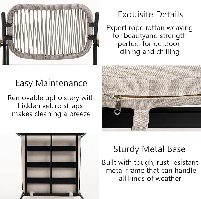 Outdoor Dining Chairs Set of 2, Wicker Patio Dining Chairs with Removable Cushions, Rectangle Patio Table Chair, All Weather Outdoor Chairs, Metal Lawn Chair for Adults/Indoor/Deck, Beige