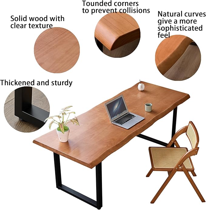 Stylish Solid Wood Office Desk with Sturdy Metal Base - Durable Multi-Size Executive Computer & Dining Table - Perfect for Home Office & Work Environments (Brown, 70.87in)