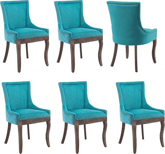 Farmhouse Dining Chairs Set of 6, Upholstered Fabric Dining Room Accent Chairs with Wood Legs & Bronze Nailhead, High Wingback Kitchen Chairs for Living Room Hotel Apartment, Blue