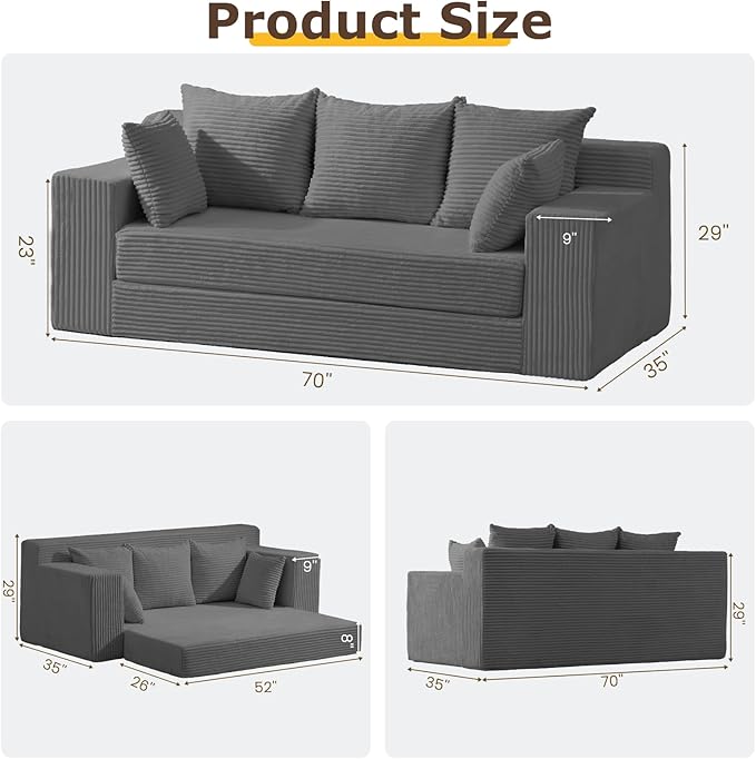 3 Seater Boneless Couch for Living Room, Convertible Futon Sofa Bed Comfy Pull Out Couch with 5 Pillows & Detachable Washable Cover, Upholstered Floor Sofa in A Box, No Assembly Required, Grey
