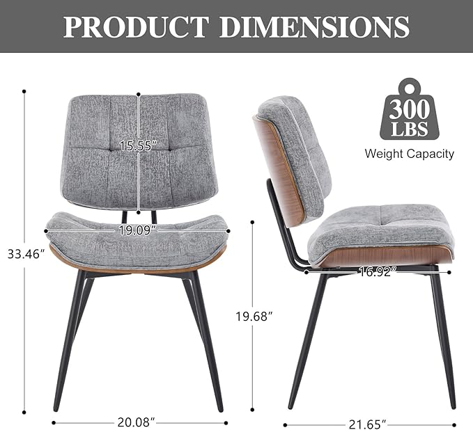 Dining Chairs Set of 2,Mid Century Modern Kitchen Chairs with Walnut Bentwood Back and Metal Legs,Upholstered Fabric Dining Room Chairs for Kitchen, Living Room,Grey