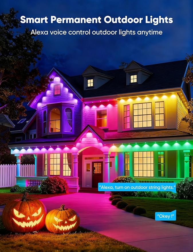APPECK Permanent Outdoor Lights 200ft with 144 LED Lights, 72W Smart RGBW Eaves Lights, DC 36V, 40LM, IP67 Waterproof String Lights for Halloween Christams Decor, Compatible with Alexa, White