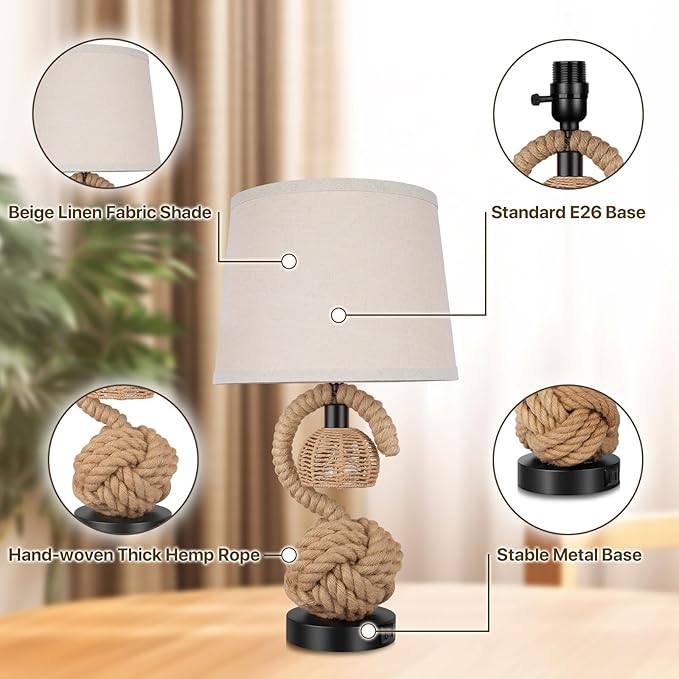 22" Rope Lamps for Night Stands, Dual-Lights Bedside Lamps Set of 2, Boho Table Lamps for Living Room, 3-Color Temperatures Boho Lamp with Rotary Switch, Rattan Lamp with USB Ports, 4 Bulbs Included