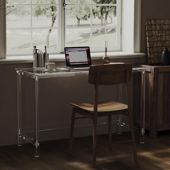 HMYHUM Acrylic Computer Desk, 47 Inch Clear Home Office Desk for Laptop, Study, Writing, Vanity Table with Cylindrical Legs, Modern, Easy Assembly