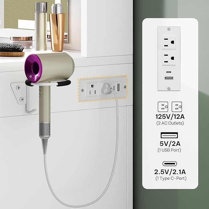 DWVO Makeup Vanity with LED Mirror, 40" Big Vanity Makeup Table with 4 Drawers and 7 Open Storage Shelves, Built-in Power Outlets & Hairdryer Holder, White