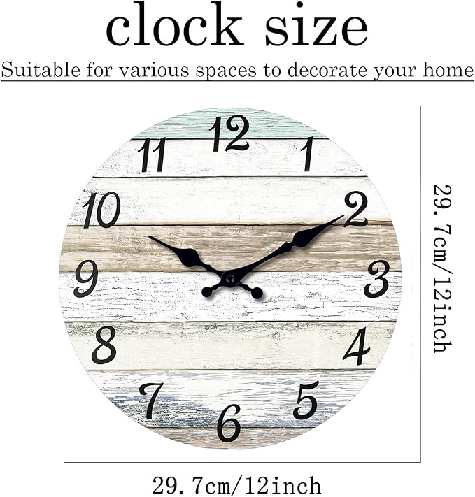XNM Rustic Wall Clock for Bedroom Round Wood Wall Clocks Battery Operated 12 Inch Farmhouse Clock Non Ticking (MDF No Solid Wood)