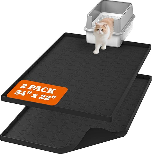 Pawtners Extra Large 2 Packs Silicone Cat Litter Mats, 34" x 22" Waterproof Litter Box Mat, Non-Slip Kitty Litter Mat for Scatter Control, Easy to Clean & Urine-Proof Cat Litter Trapping Mat, Black