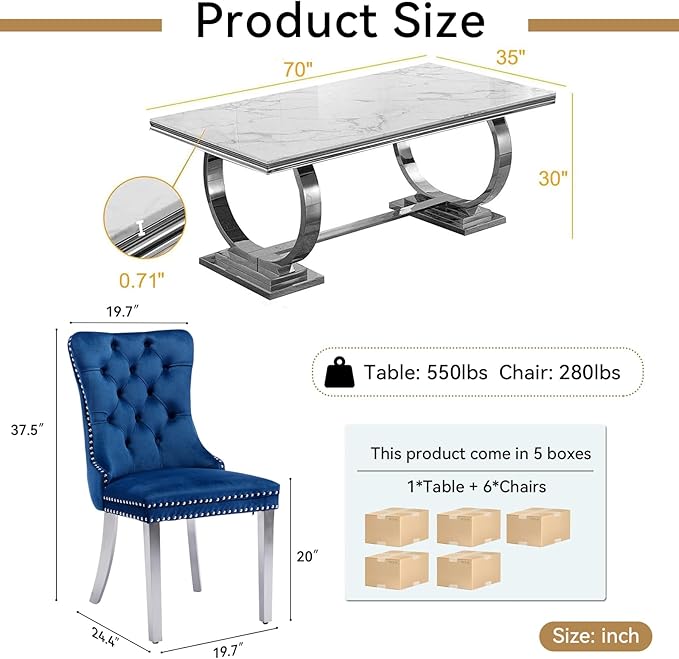 Goujxcy 7 Piece Marble Dining Table Set for 6, Luxury White Marble Silver Kitchen Table with 6 Blue Velvet Upholstered Chairs, Modern 6 Person Dining Room Table Set for Kicken Dining Office Room