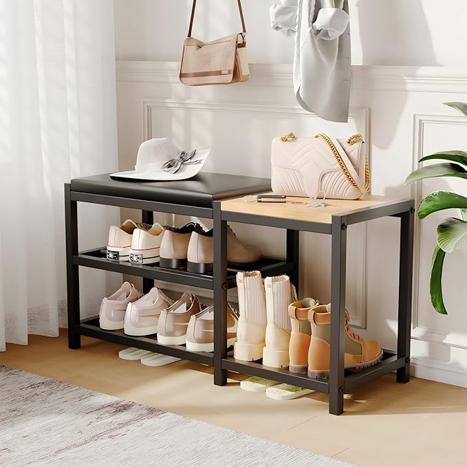 Shoe Bench,Shoe Organizer，Holds Up to 570 lb，12 x 30.7 x 17.3Inches，3-Tier Shoe Storage Bench,Entryway Bench with Cushioned Seats,for Shoe Rack in The Bathroom,Entryway,Bedroom,Living Room