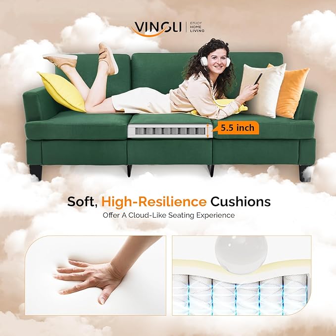 VINGLI Green 83" Sofa Couches for Living Room, Modern Comfy 3 Seater Couch 25.6" Deep Seat Upholstery Cozy Sofas for Small Space, Bedroom, Apartment, Home Office