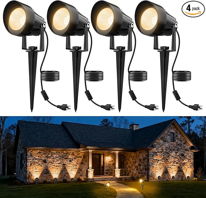 Landscape Spot Lights Outdoor, Dusk to Dawn Outdoor Lighting with IP65 Waterproof, LED Low Voltage SpotLights 3000K/6000K Warm White Uplights for Yard Garden Pathway, 4 Pack