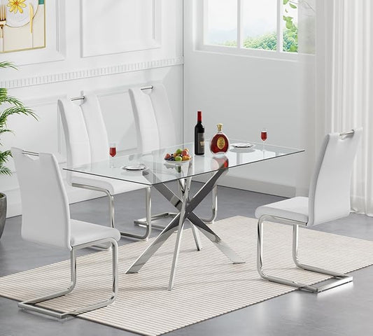 Goujxcy Modern Glass Dining Table Set for 4, Glass Silver Kitchen Table and Chairs Set, 5 Piece Dining Room Table Set with 51" Rectangle Dinner Table and 4 White Leather Dining Chairs