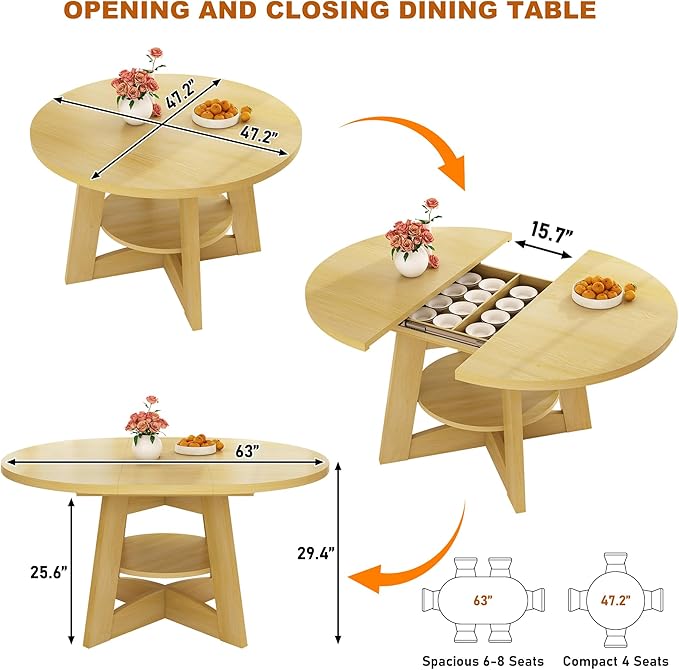 47"-63" Extendable Dining Table for 4 5 6 People,63" Farmhouse Round Extending Dining Table w/Removable Leaves Space Saving,Wooden Adjustable Tables for Kitchen Office Living Room Natural