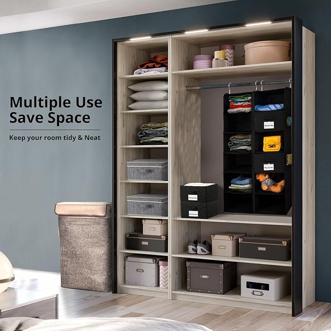 2 Pack 6 Shelves Hanging Closet Organizer with 2 Drawer, Hanging Storage with 4 Side Pockets for Clothes Shoes, 43.5"x12"x12"(Black)