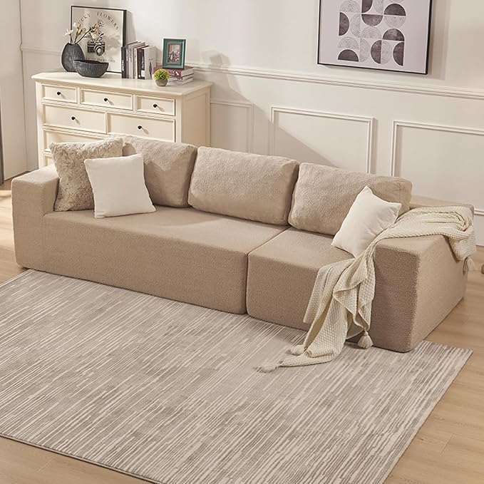 106" 3-Seater Sofa, Cloud Modular Sofa with Certified Foam, Upholstered Floor Sofa with Deep Seat, Upholstered Sofa for Bedroom Living Room, No Assembly Required (Teddy Boucle, Camel)
