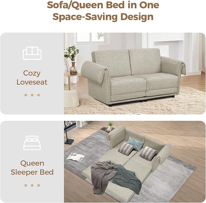FHFO Loveseat Sleeper Sofa, Convertible Couch Bed Loveset Small Couchs for Small Spaces, 3 in 1 Pull Out Sofa Bed Modern 65" Comfy Futon Sofa Bed Queen for Living Room, Bedroom, Apartment (Beige)